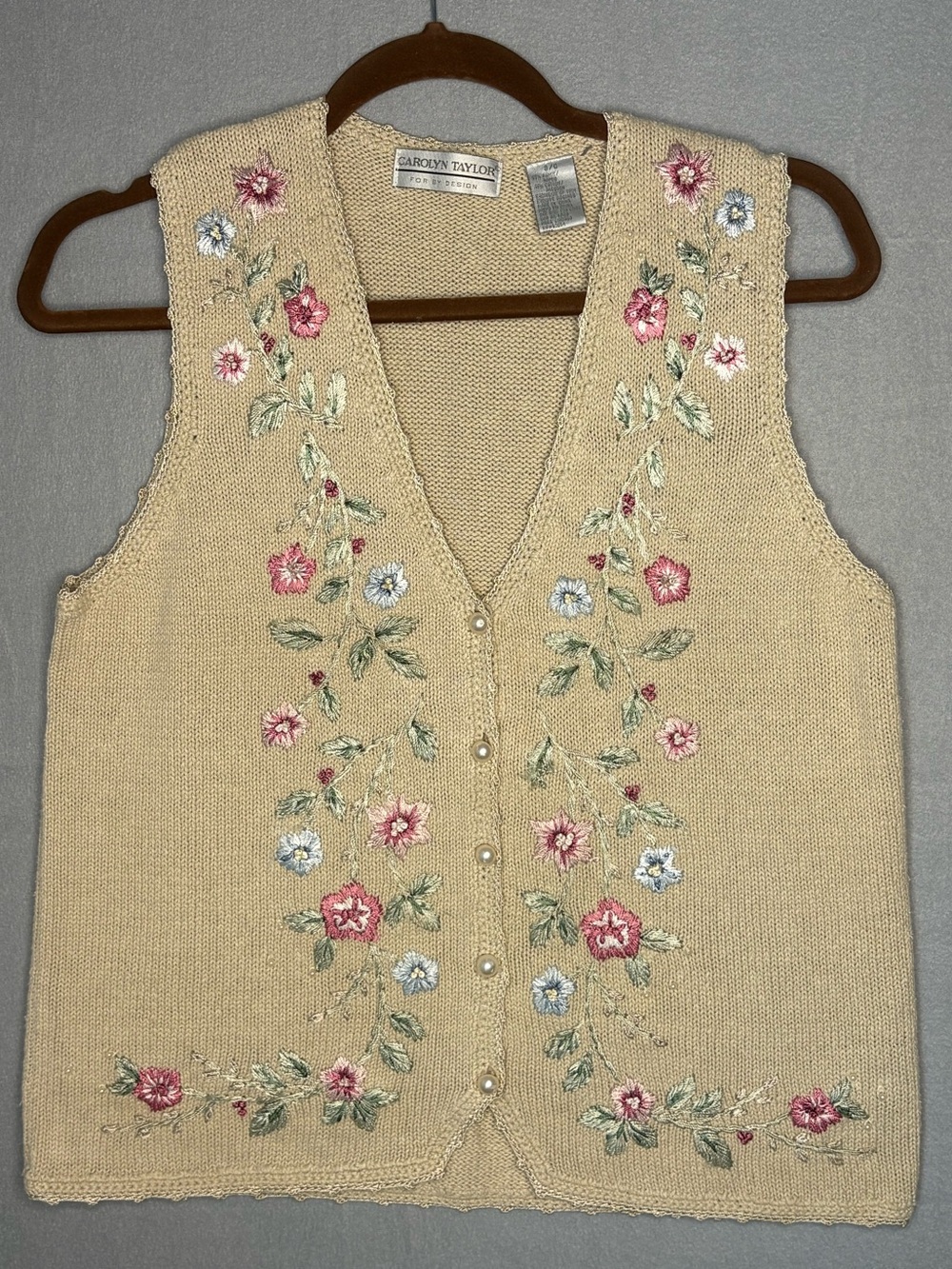 Vintage Carolyn Taylor Floral Embroidered Knit Vest Boho Cottagecore S